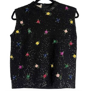 Vintage Cyn Les Wool Sleeveless Floral Sequined Floral Black Sweater — Size 38